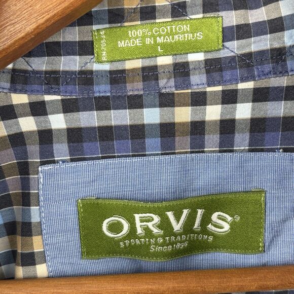 Orvis Shirt Mens Large Blue Checked Plaid Long Sleeve Button Up Cotton - Picture 3 of 6
